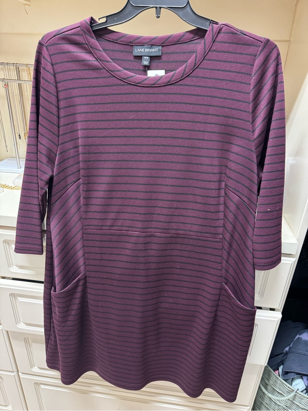 Lane Bryant Plum and Black Striped Pocket Shift Dress